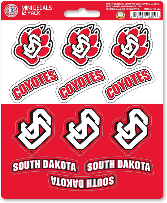 University of South Dakota Coyotes 12-Piece Mini Decal Sticker Set, 5x6 Inch Sheet, Gift for football fans for any hard surfaces around home, automotive, personal items