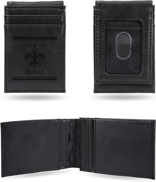 New Orleans Saints Premium Black Leather Wallet, Front Pocket Magnetic Money Clip, Laser Engraved, Vegan