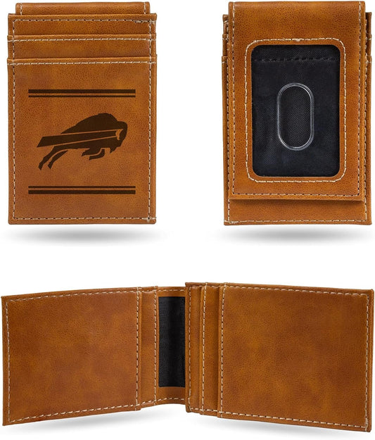 Rico Industries NFL Buffalo Bills Premium Laser Engraved Vegan Brown Leather Front Pocket Wallet - Compact and Slim yet Sturdy Design - Perfect to Show Your Team Pride or Gift
