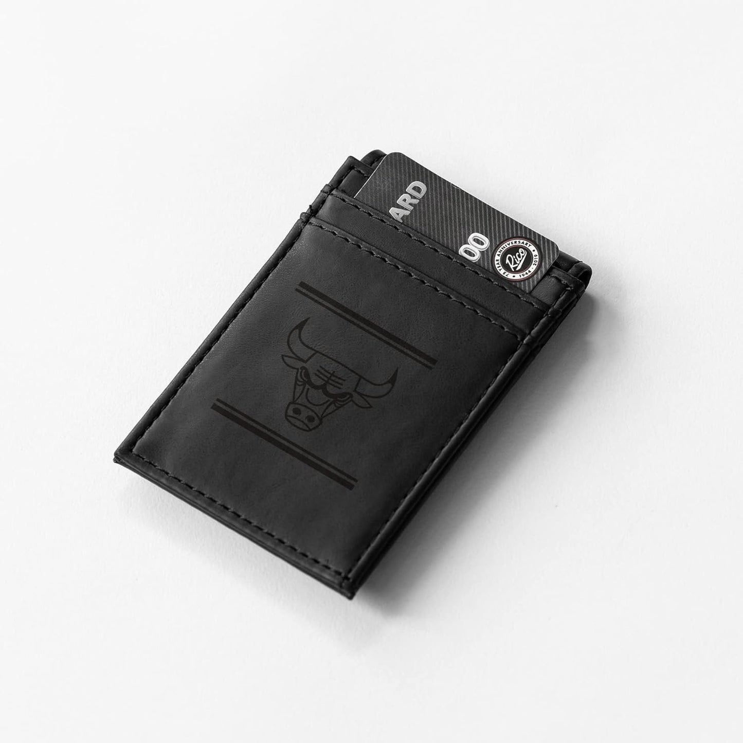 Chicago Bulls Premium Black Leather Wallet, Front Pocket Magnetic Money Clip, Laser Engraved, Vegan