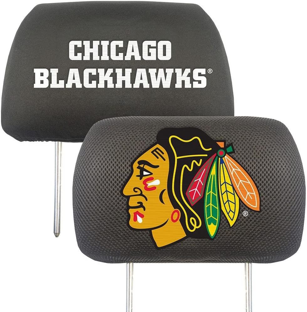 Chicago Blackhawks Premium Pair of Auto Head Rest Covers, Black, Elastic, 10x14 Inch