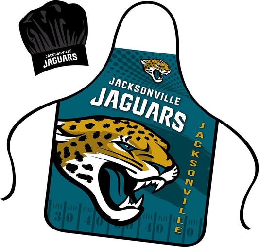 Jacksonville Jaguars Apron Chef Hat Set Full Color Universal Size Tie Back Grilling Tailgate BBQ Cooking Host