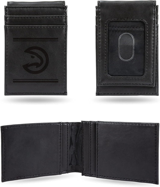 Atlanta Hawks Premium Black Leather Wallet, Front Pocket Magnetic Money Clip, Laser Engraved, Vegan