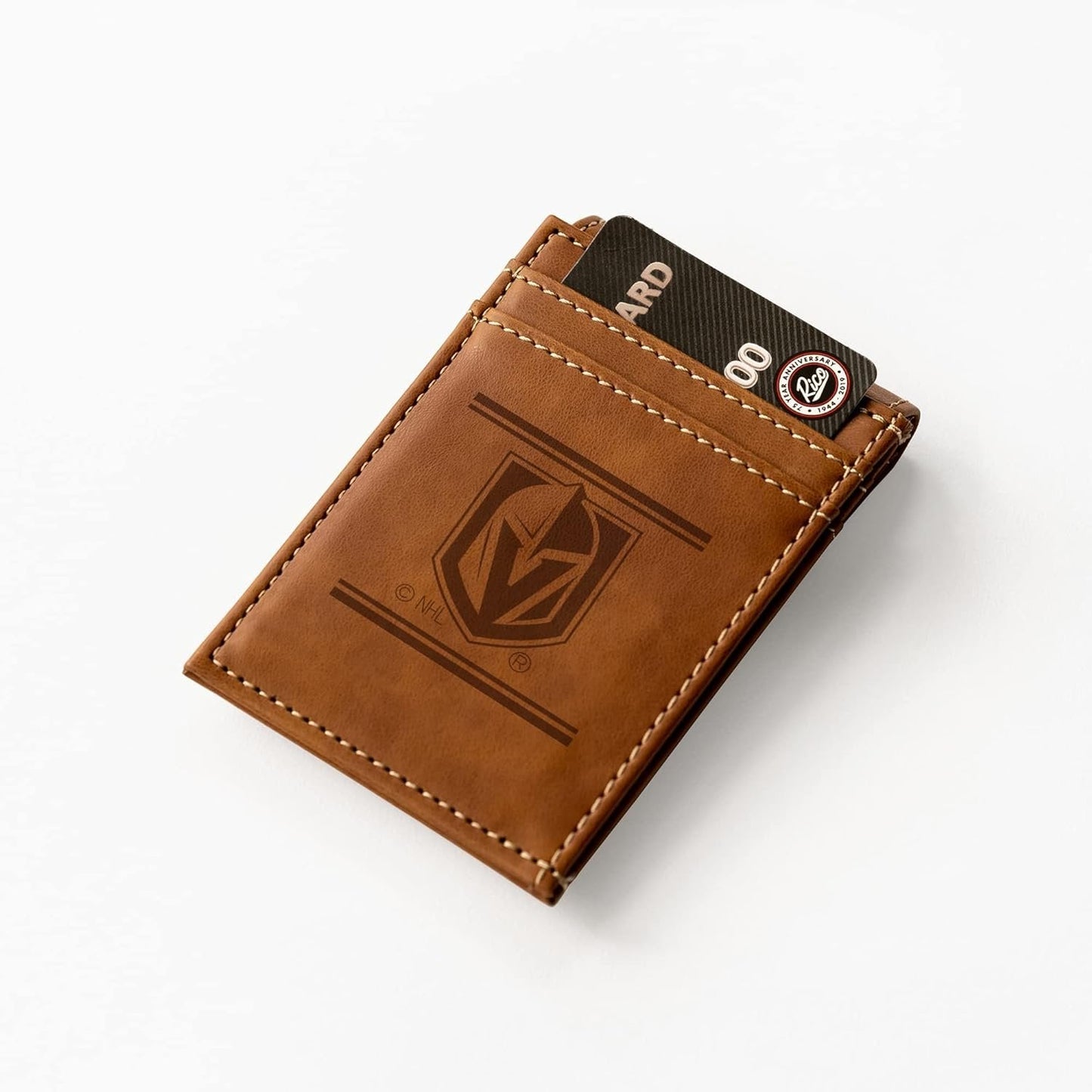 Rico Industries NHL Vegas Golden Knights Premium Laser Engraved Vegan Brown Leather Front Pocket Wallet - Compact and Slim yet Sturdy Design - Perfect to Show Your Team Pride or Gift