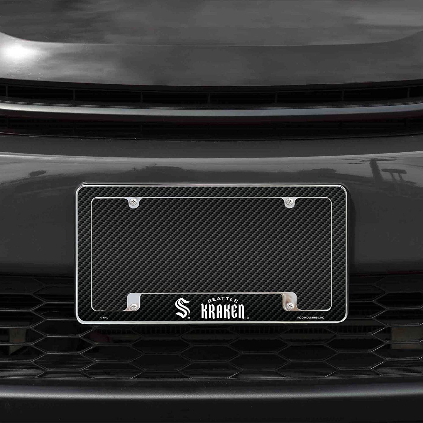 Seattle Kraken Metal License Plate Frame Chrome Tag Cover Carbon Fiber Design 6x12 Inch