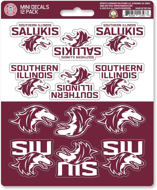 Southern Illinois University Salukis 12-Piece Mini Decal Sticker Set, 5x6 Inch Sheet, Gift for football fans for any hard surfaces around home, automotive, personal items