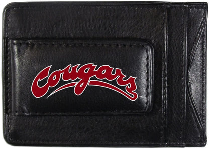 Washington State University Cougars Black Leather Wallet, Front Pocket Magnetic Money Clip, Printed Logo