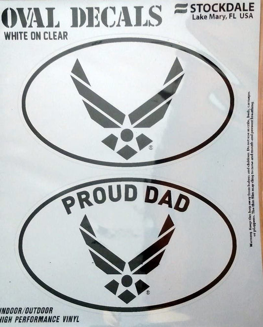 U.S. Air Force, Proud Dad, 2-Piece White and Clear Euro Decal Sticker Set, 4x2.5 Inch Each, United States Military