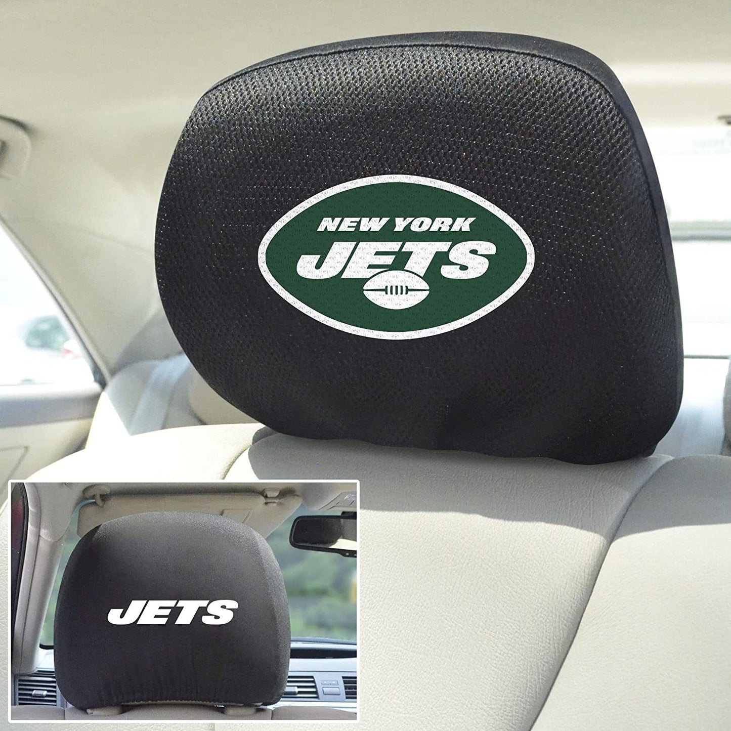 New York Jets Pair of Premium Embroidered Black Auto Headrest Covers 14x10 Inch Size Elastic