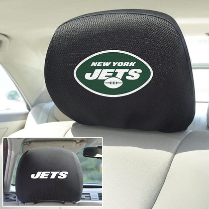 New York Jets Pair of Premium Embroidered Black Auto Headrest Covers 14x10 Inch Size Elastic