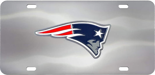 New England Patriots License Plate Tag, Premium Stainless Steel Diecast, Chrome, Raised Solid Metal Color Emblem, 6x12 Inch