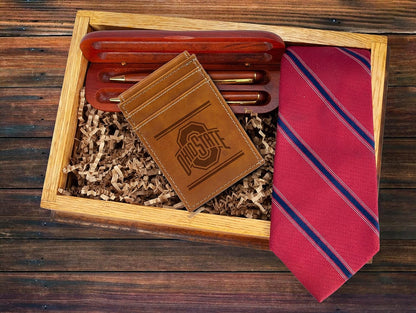 NCAA Ohio State Buckeyes Men’s Front ID Pocket Brown Wallet- Premium 8 Pocket Laser-Engraved Team Logo on Vegan Leather- Minimalist Design, Credit Card Holder- Ideal for Travel or Men’s Gift