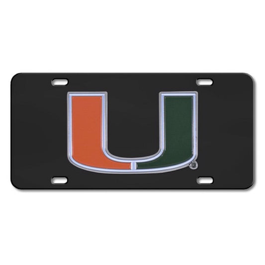University of Miami Hurricanes License Plate Tag, Premium Stainless Steel Diecast, Black, Raised Solid Metal Color Emblem, 6x12 Inch