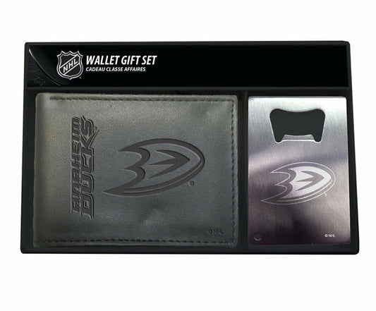 Anaheim Ducks Black Vegan Leather Bifold Wallet and Bottle Opener Keychain Gift Set