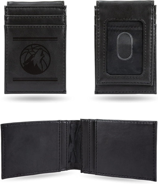 Minnesota Timberwolves Premium Black Leather Wallet, Front Pocket Magnetic Money Clip, Laser Engraved, Vegan