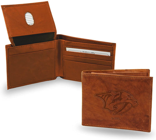 Nashville Predators Premium Brown Leather Wallet, Bifold Billfold, Embossed Laser Engraved