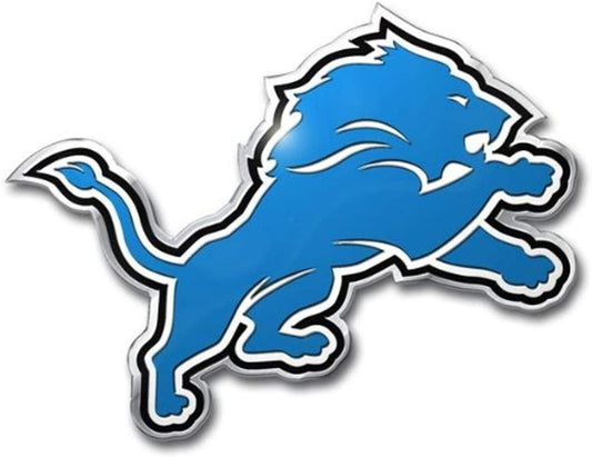 Detroit Lions Auto Emblem, Aluminum Metal, Embossed Team Color, Raised Decal Sticker, Full Adhesive Backing
