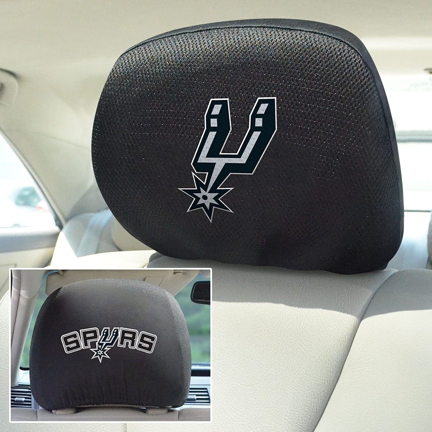 San Antonio Spurs Pair of Premium Auto Head Rest Covers, Embroidered, Black Elastic, 14x10 Inch