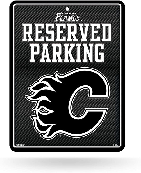 Calgary Flames Metal Parking Novelty Wall Sign 8.5 x 11 Inch Carbon Fiber Design
