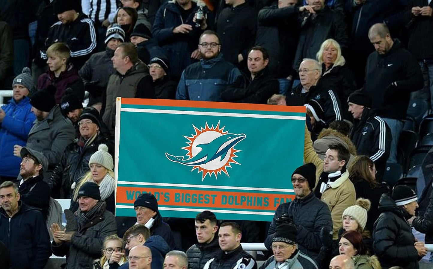 Miami Dolphins 3x5 Feet Flag Banner, World's Biggest Fan, Metal Grommets, Single Sided, Indoor or Outdoor Use