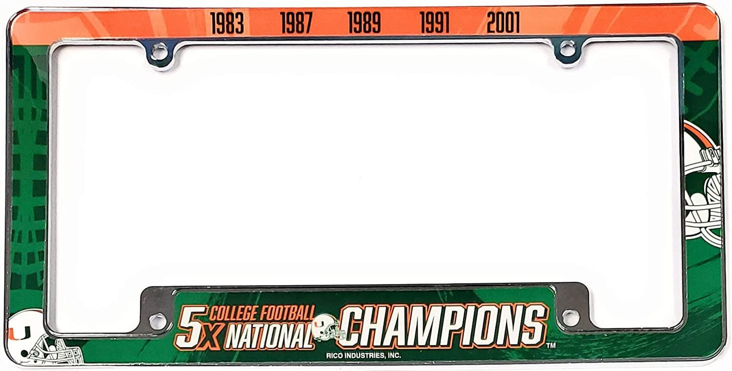 University of Miami Hurricanes 5X Time Champions Metal License License Plate Frame Tag Cover, All Over Design, 12x6 Inch