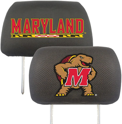 University of Maryland Terrapins Pair of Premium Auto Head Rest Covers, Embroidered, Black Elastic, 14x10 Inch