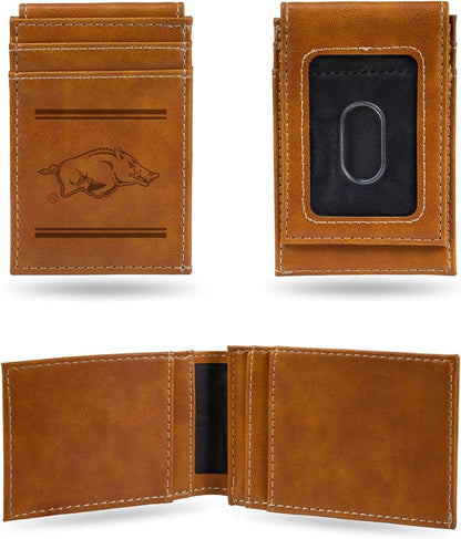 NCAA Arkansas Razorbacks Men’s Front ID Pocket Brown Wallet- Premium 8 Pocket Laser-Engraved Team Logo on Vegan Leather- Minimalist Design, Credit Card Holder- Ideal for Travel or Men’s Gift