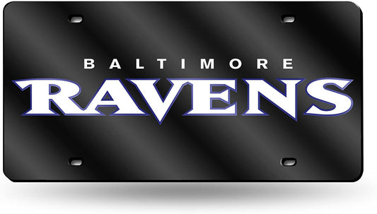 Baltimore Ravens Premium Laser Cut Tag License Plate, Black Script, Mirrored Inlaid Acrylic, 12x6 Inch