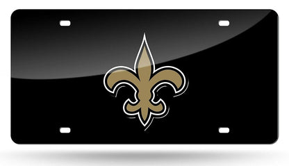 New Orleans Saints Premium Laser Cut Tag License Plate, Black Fleur De Lis, Mirrored Inlaid Acrylic, 12x6 Inch