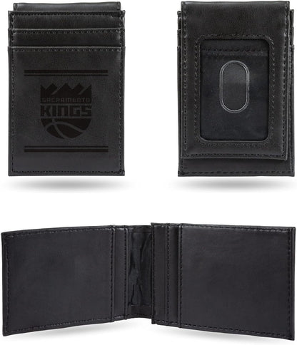Sacramento Kings Premium Black Leather Wallet, Front Pocket Magnetic Money Clip, Laser Engraved, Vegan