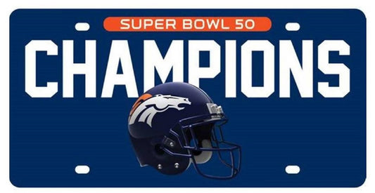 Denver Broncos Super Bowl 50 Champions Premium Laser Cut Tag License Plate, Helmet Design, Mirrored Acrylic Inlaid, 12x6 Inch Team Color