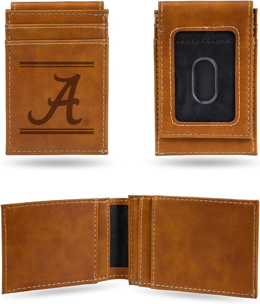 NCAA Alabama Crimson Tide Men’s Front ID Pocket Brown Wallet- Premium 8 Pocket Laser-Engraved Team Logo on Vegan Leather- Minimalist Design, Credit Card Holder- Ideal for Travel or Men’s Gift
