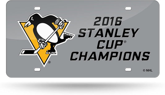Pittsburgh Penguins 2016 Stanley Cup Champions Laser Cut Tag License Plate, Mirrored Acrylic Inlaid, 12x6 Inch