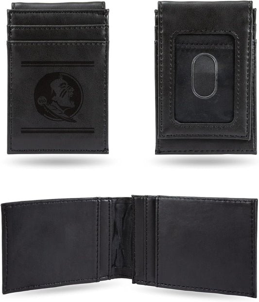 Florida State University Seminoles Premium Black Leather Wallet, Front Pocket Magnetic Money Clip, Laser Engraved, Vegan