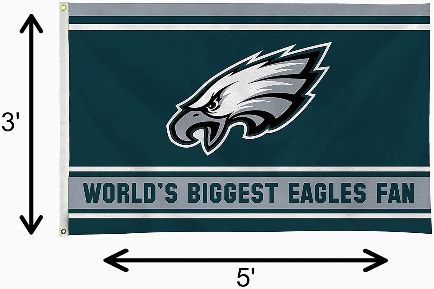 Philadelphia Eagles 3x5 Feet Flag Banner, World's Biggest Fan, Metal Grommets, Single Sided, Indoor or Outdoor Use