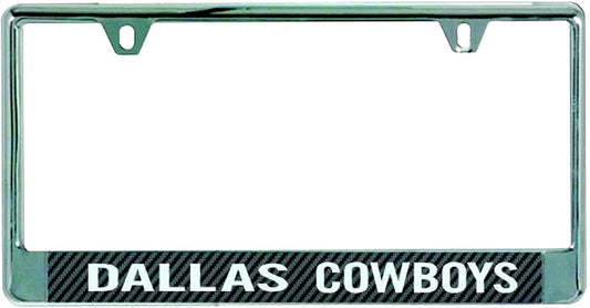 Dallas Cowboys Metal License Plate Frame Chrome Tag Cover, Laser Acrylic Mirrored Inserts, Carbon Fiber Design, 12x6 Inch