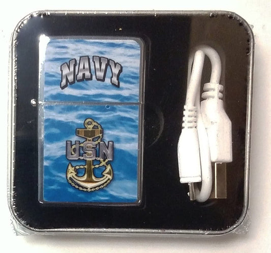 Navy USB Powered Pocket Lighter Flip-Top Metal Chrome United States US Military