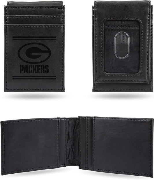 Green Bay Packers Premium Black Leather Wallet, Front Pocket Magnetic Money Clip, Laser Engraved, Vegan