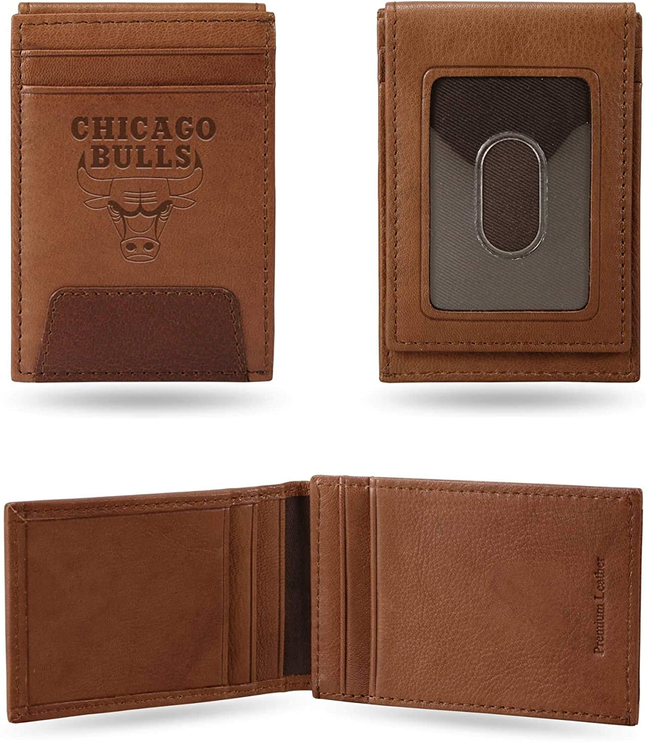 Chicago Bulls Premium Brown Leather Wallet, Front Pocket Magnetic Money Clip, Laser Engraved
