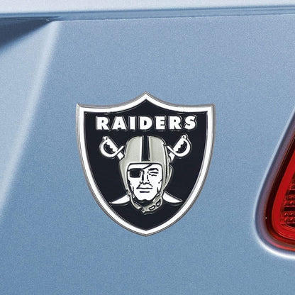 Las Vegas Raiders Premium Solid Metal Raised Auto Emblem, Team Color, Shape Cut, Adhesive Backing