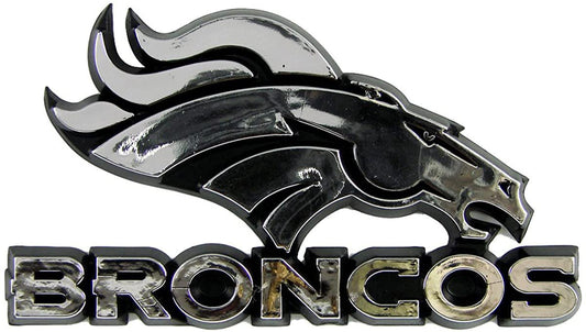Denver Broncos Auto Emblem, Plastic Molded, Silver Chrome Color, Raised 3D Effect, Adhesive Backing