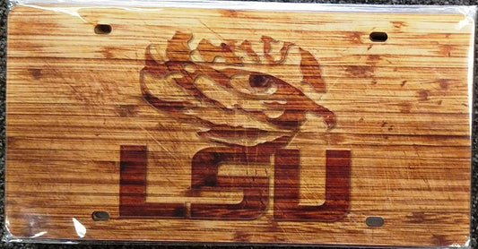 Louisiana State University Tigers LSU Premium Laser Cut Tag License Plate, Woodgrain Design, Mirrored Acrylic Inlaid, 6x12 Inch