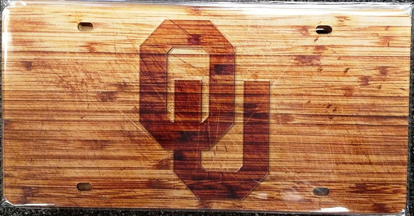 University of Oklahoma Sooners Premium Laser Cut Tag License Plate, Woodgrain Design, Mirrored Acrylic Inlaid, 6x12 Inch