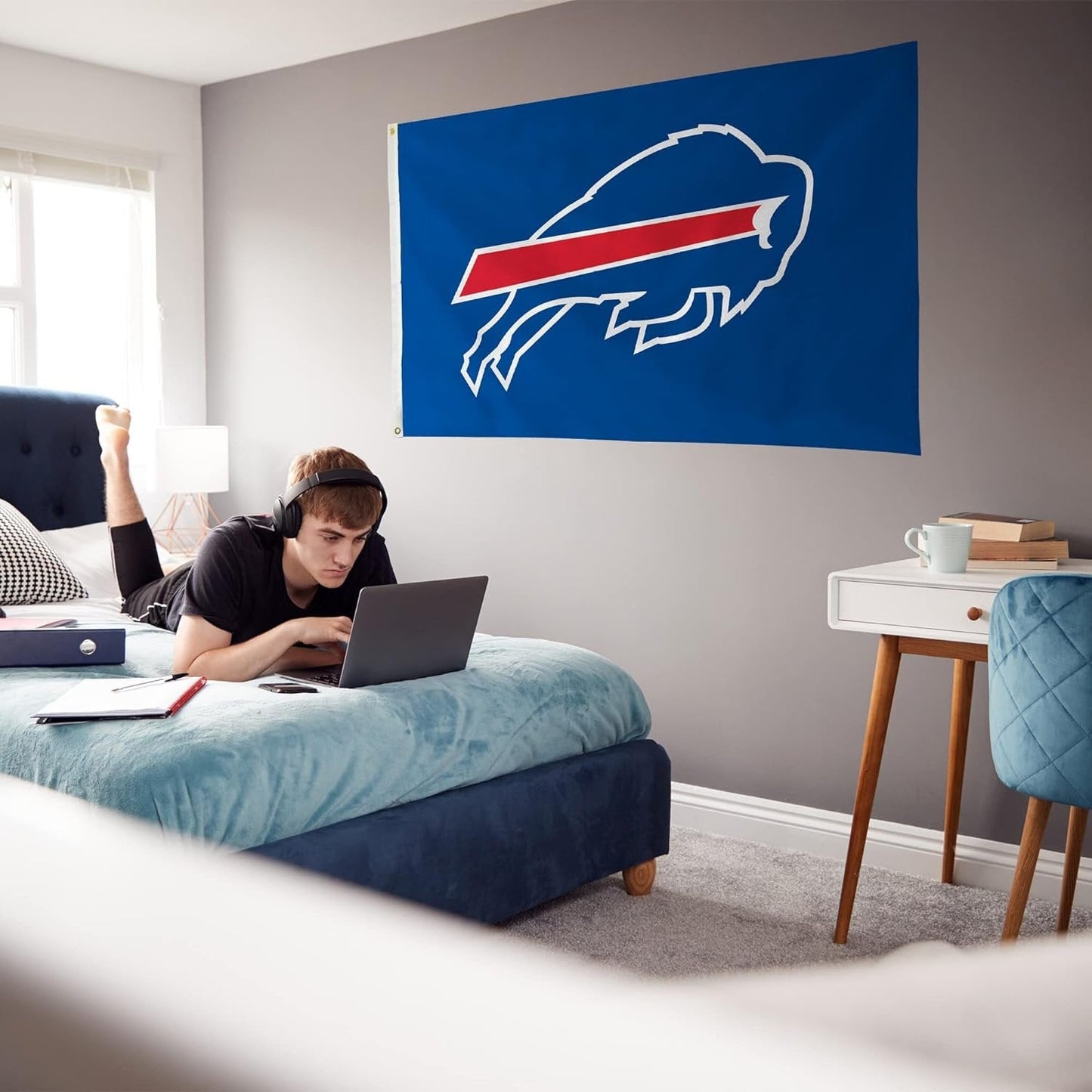 Buffalo Bills 3x5 Foot Flag Banner, Metal Grommets, Indoor or Outdoor Use, Single Sided, Blue Background