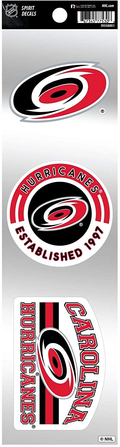 Carolina Hurricanes 3-Piece Retro Decal Sticker Sheet, Die Cut, Clear Backing, 3x12 Inch