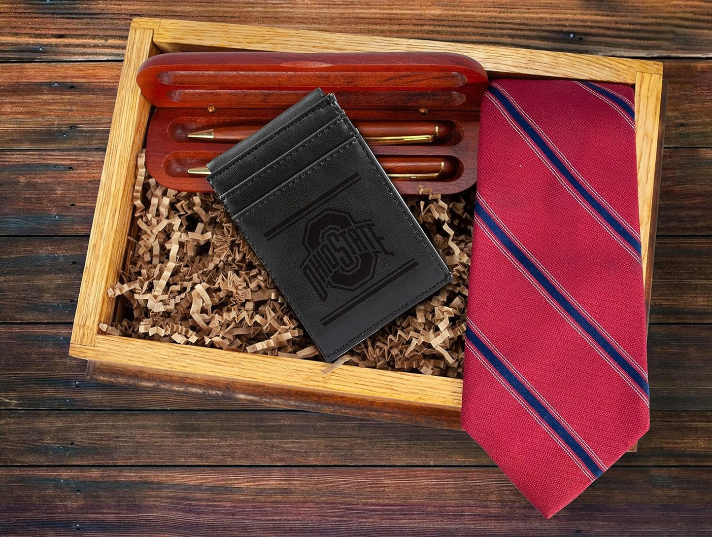 Ohio State University Buckeyes Premium Black Leather Wallet, Front Pocket Magnetic Money Clip, Laser Engraved, Vegan