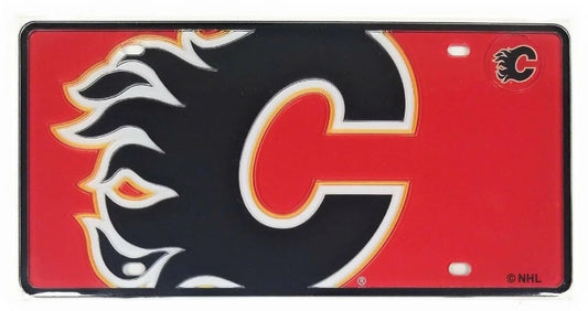 Calgary Flames Premium Laser Cut Tag License Plate, Mega Logo Design, Mirrored Acrylic Inlaid, 12x6 Inch