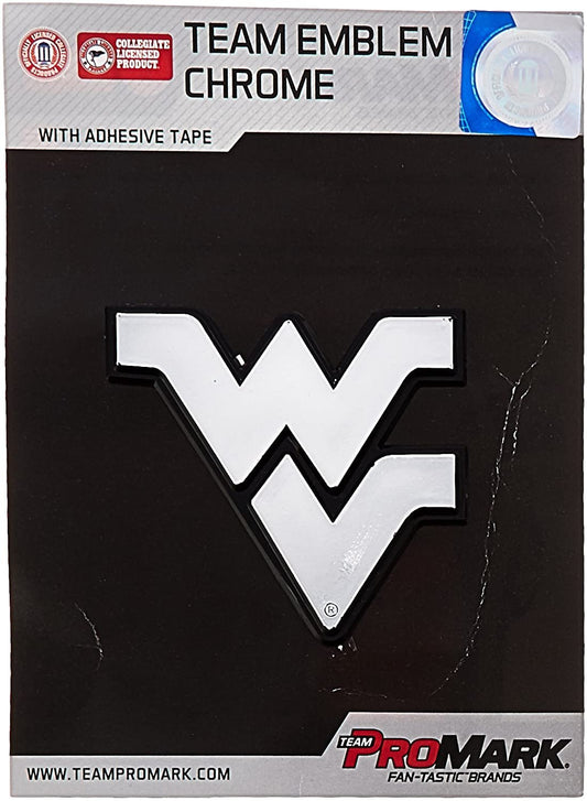 West Virginia University Mountaineers Auto Emblem, Silver Chrome Color, Molded Raised, Adhesive Tape Backing, 3 Inch