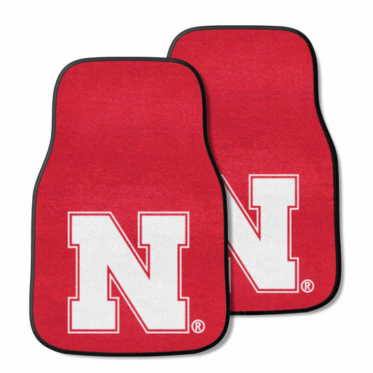 University of Nebraska Cornhuskers 2-Piece Vehicle Carpet Mat Set, Front Row Automotive Floor Mats, Non-Slip Backing, 18x27 Inch Each, Team Colors, Officially Licensed
