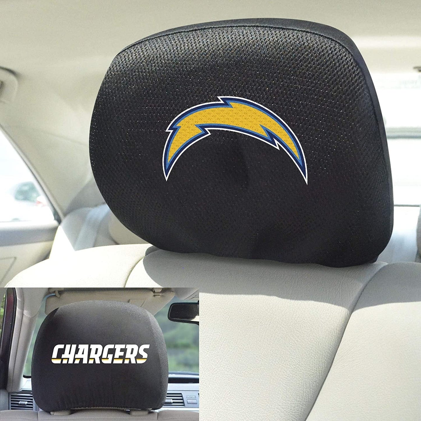 Los Angeles Chargers Pair of Premium Auto Headrest Covers, Black Elastic, Embroidered, 14x10 Inch